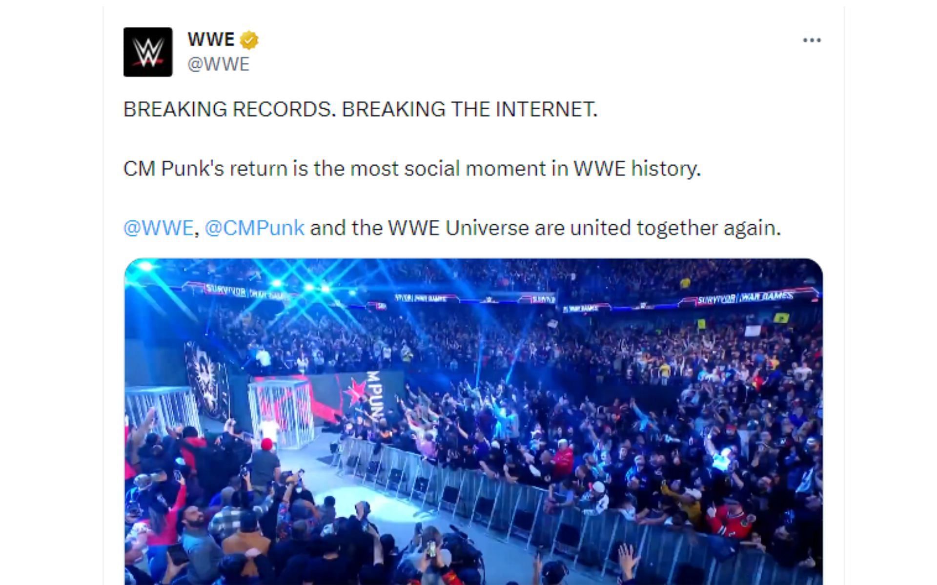 Tweet regarding CM Punk's WWE return.